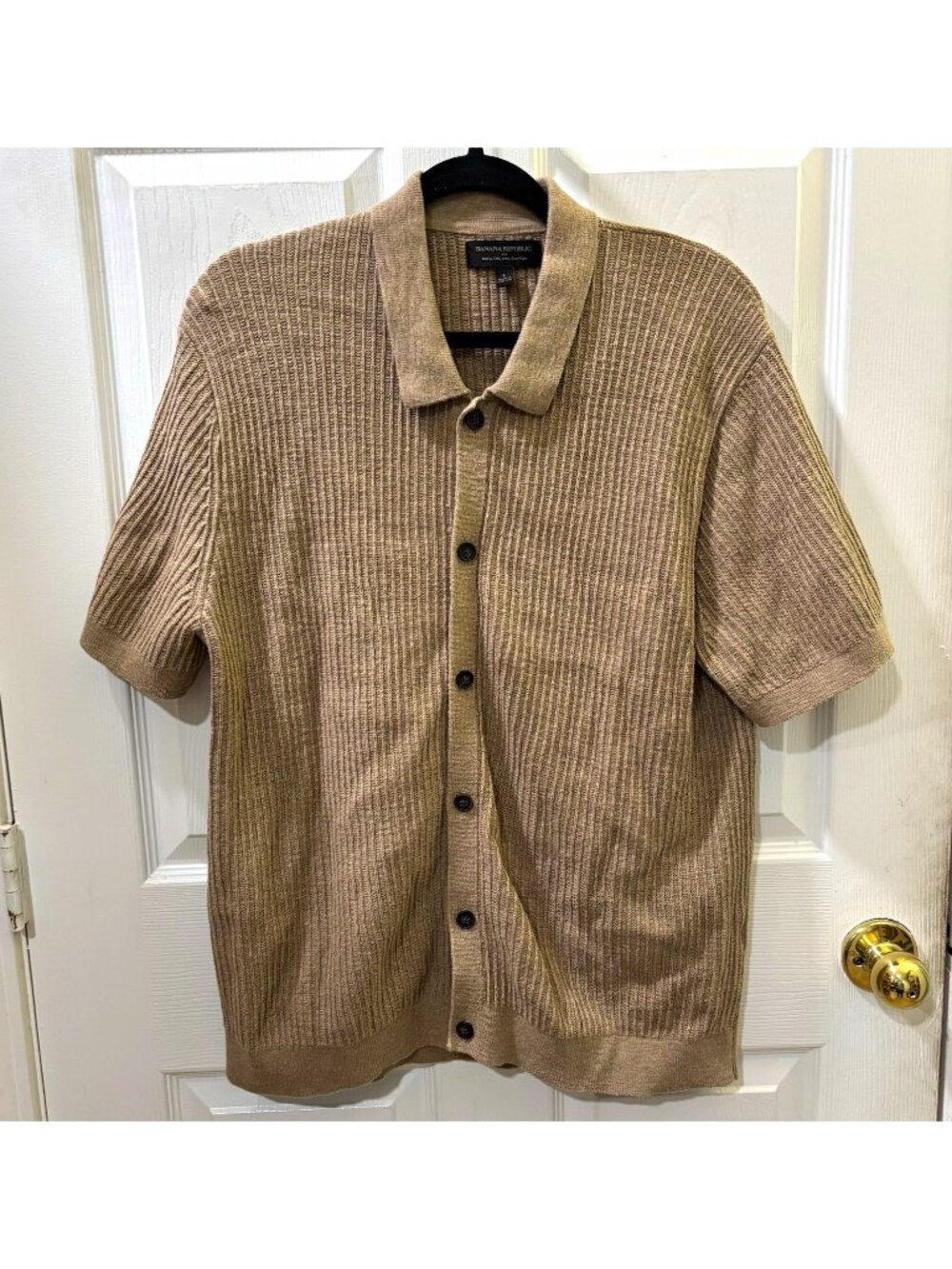 Banana Republic Beige tan Ribbed organic Cotton Short Sleeve Sweater shirt men L